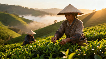Diligent Asian women in conical hats hand-picking fresh tea leaves in a vibrant green tea plantation on misty hills during a golden sunrise, showcasing traditional agriculture and sustainable farming.