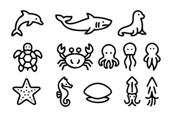 Fototapeta premium Set of sea creature icons in bold-line style: dolphin, shark, seal, turtle, crab, octopus, jellyfish, starfish, seahorse, clam, squid.