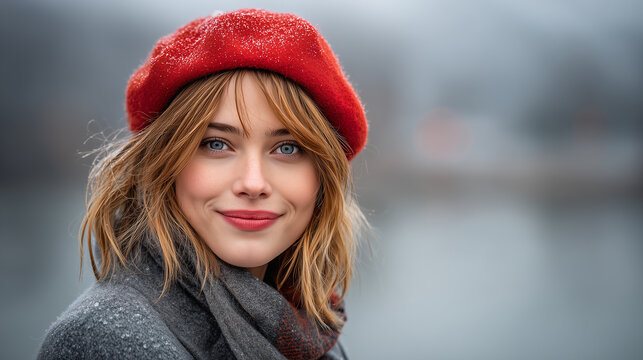 A young woman smiles warmly, wearing a red beret and a cozy scarf, with snowflakes on her hair against a soft, blurred winter backdrop.