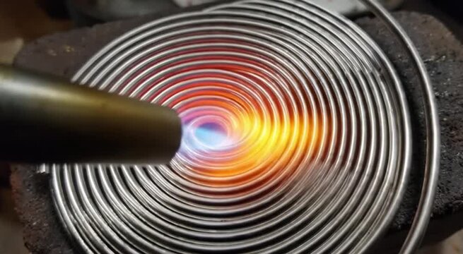 Glowing spiral coil heated by torch, intense blue core and orange halo, precision annealing of stainless steel, macro concentric rings, workshop bench, smoky atmosphere, slow rotation, artisan