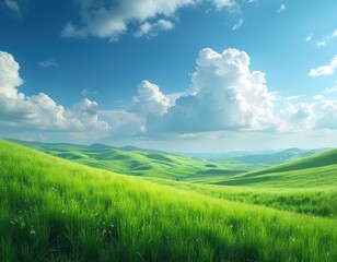 Obraz premium Green rolling hills meet bright blue sky with fluffy white clouds. Wide landscape presents peaceful rural fields. Rich fresh grass covers slopes in natural sunny countryside. Summer day offers pure