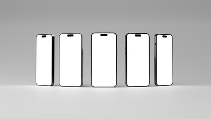 Five phone for mockup displayed formed in a convex curve shape. View of a mobile phones with empty screen ready for place your designs. Ready for mock up.