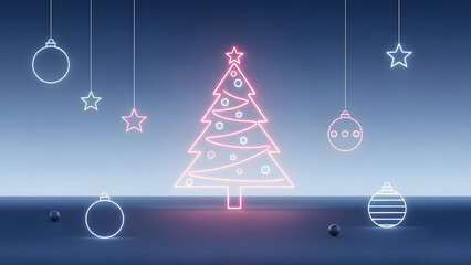 Neon christmas tree with ornaments and stars on a blue background