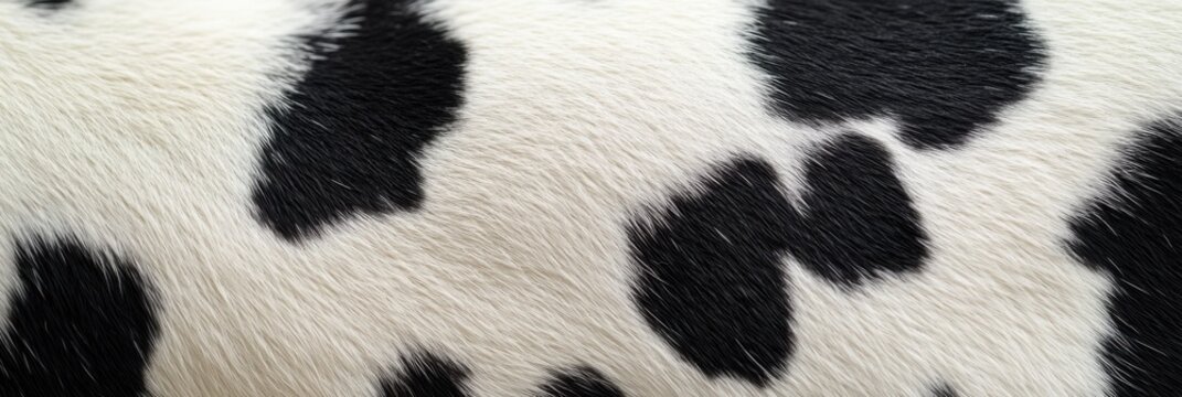 Black and white spotted animal fur texture background, natural cowhide pattern close-up