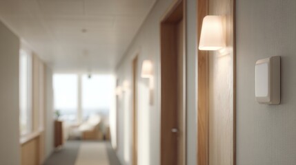 Long corridor with a modern design. the corridor has white walls and wooden doors on both sides. on the right side of the image, there is a white wall-mounted light fixture on the wall.