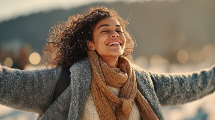 A joyful woman embraces the winter chill, smiling with her arms outstretched, surrounded by sparkling snow and soft sunlight in the background.