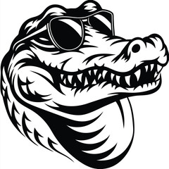 A stylized black alligator head featuring sharp teeth and stylish sunglasses is prominently displayed