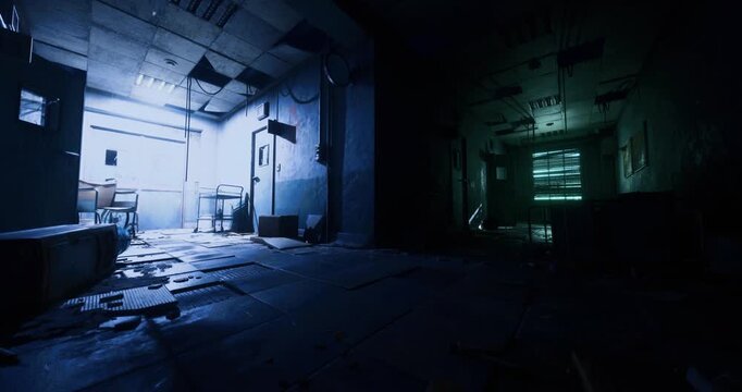 A dimly lit abandoned space features an area with bright light, illuminating disused furniture. Another section remains engulfed in shadow, enhancing the feeling of neglect.