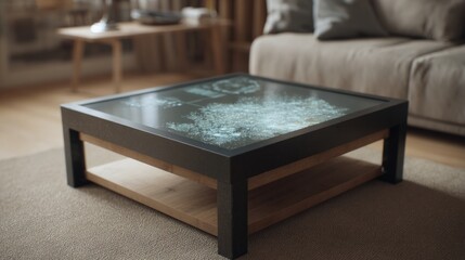 Modern coffee table in a living room. the table is square in shape and has a black metal frame with a wooden base.