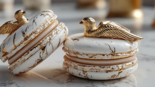 Delicate macarons with golden bird designs showcase elegant pastry art in a bright kitchen