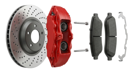 Detailed view of car brake disc, caliper, brake pads and hardware offering high-performance