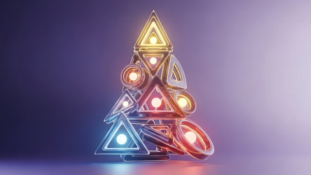 Abstract geometric christmas tree with glowing lights and metallic shapes