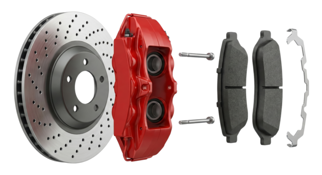 Detailed view of car brake disc, caliper, brake pads and hardware offering high-performance