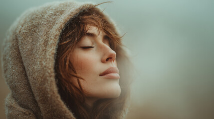 A serene woman closes her eyes, embraced by a soft, snowy atmosphere, exuding peace and tranquility while wearing a cozy hood.