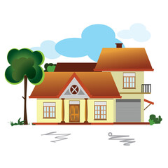 Cartoon Vector House Illustration – Cute Residential Home Clipart with Trees and Garage