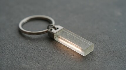 Close-up of a keychain with a rectangular shape. the keychain is made of metal and has a silver ring attached to it. the rectangular shape appears to be made of clear glass or a similar material.