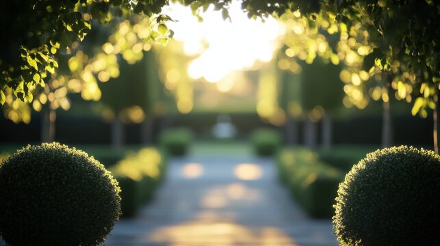 Sunlit garden path with greenery and soft bokeh in warm evening light - Powered by Adobe
