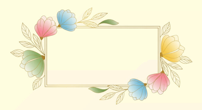 Watercolor floral frame with golden border and soft pastel flowers