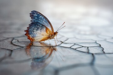 Delicate butterfly resting on wet tiled surface reflection