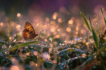 Delicate butterfly rests on dewy grass morning light