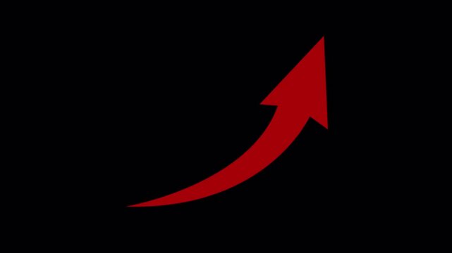 右斜め上に伸びて上昇する赤い矢印のアニメーション　タイプ１（透過背景）