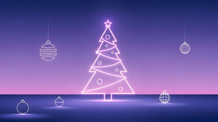 Neon christmas tree with ornaments on a purple gradient background