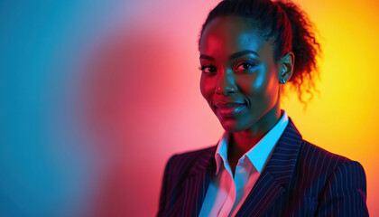 Fototapeta premium Young confident African-American businesswoman smiles. Wears stylish pinstripe suit, crisp white collared shirt. Bright colorful blue red yellow gradient background creates modern vibrant dynamic