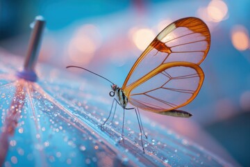 Delicate glasswing butterfly resting on wet surface