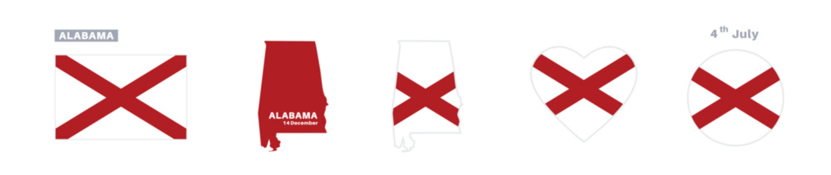 Alabama flag and map set. American state flags in official colors and proportions. December 14th celebrations, maps, circles, and hearts of Alabama.