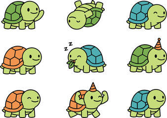 Vector set of cute cartoon turtles illustrating various poses like waving sleeping flexing muscles and wearing a birthday hat