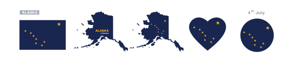 Alaska flag and map set. American state flags in official colors and proportions. January 3rd celebrations, maps, circles, and hearts of Alaska.