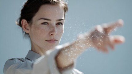 Obraz premium Close-up portrait of a young woman with freckles on her face. she is wearing a white blouse and her hair is pulled back in a bun. the background is a light blue color.