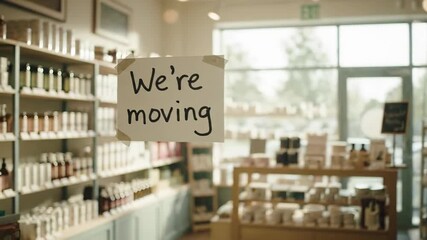 Handwritten we are relocating sign is taped to the glass door of a retail shop, with shelves of products faintly visible in the background