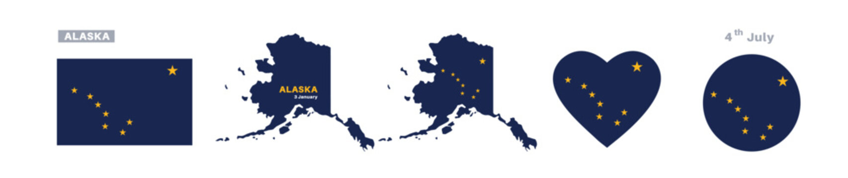 Alaska flag and map set. American state flags in official colors and proportions. January 3rd celebrations, maps, circles, and hearts of Alaska.