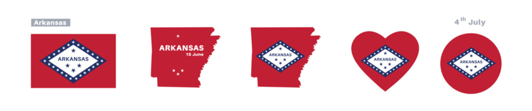 Arkansas flag and map set. American state flags in official colors and proportions. June 15th celebrations, maps, circles, and hearts of Arkansas.