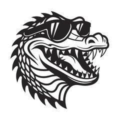 Black and white alligator head with open mouth is wearing sunglasses in style