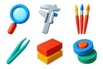 Set of six different colored objects, including a magnifying glass, a ruler