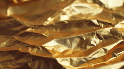 This image features a close-up view of golden foil texture, showcasing intricate creases and a shimmering appearance. Ideal for backgrounds and creative designs.