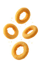 Crispy golden onion rings flying with crumbs on transparent background