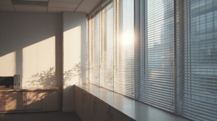 Obraz premium Long window with white vertical blinds. the blinds are closed and the sunlight is shining through them, creating a warm glow on the wall behind the window.