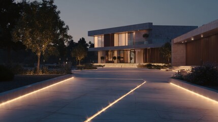 Obraz premium Modern, luxurious house at night. the house is a two-story building with a flat roof and large windows on the second floor.