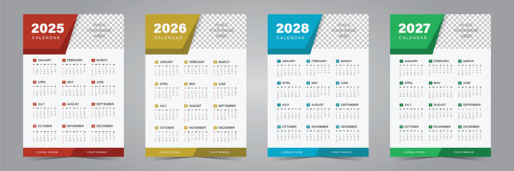 2024, 2025, 2026, 2027 wall calendar design template. Calendar design for print, week starts on sunday