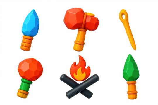 Set of six different colored plastic figurines, including a hammer, a pick