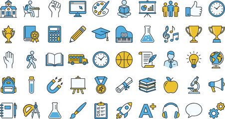 Education, School, Learning, Creativity, Icon Set, Flat Design, Vector Illustration, Student, Teacher, Achievement, Arts, Science, Technology, Growth
