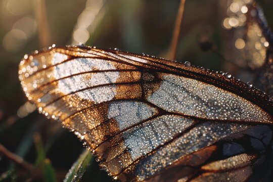 Macro butterfly wing with dew drops shining