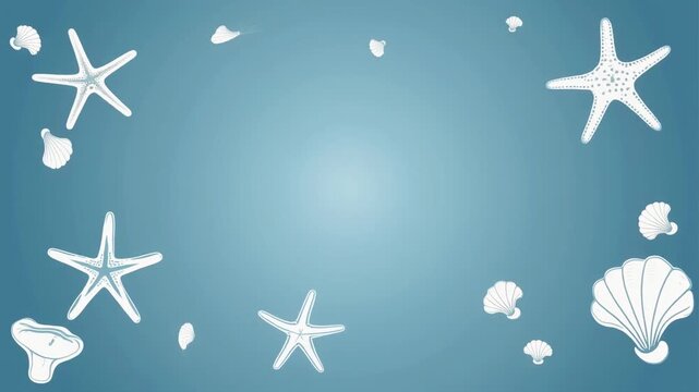 A serene light blue background adorned with white starfish and seashells, creating a peaceful underwater or beach-themed border.
