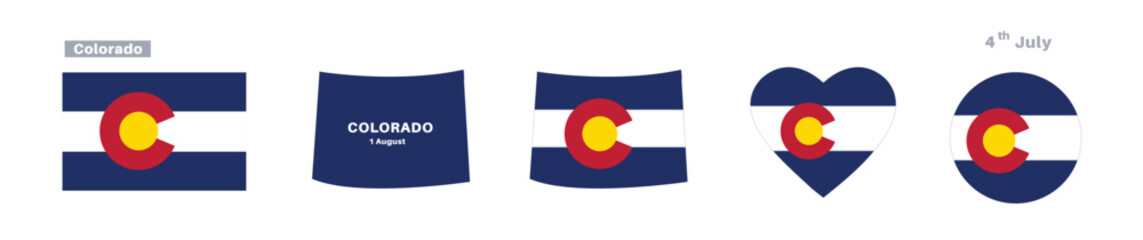 Colorado flag and map set. American state flags in official colors and proportions. Colorado 1st of August celebrations, maps, circles, and hearts.