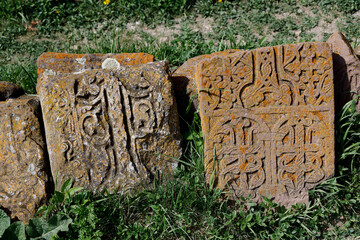 Weathered stone slabs with intricate carvings, covered in orange lichen, rest in a sunlit grassy field with green foliage and dandelions.