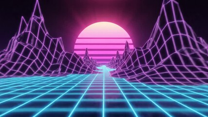 Retro futuristic landscape grid digital sun and mountains 80 s vibe - Powered by Adobe