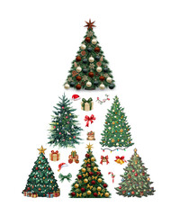 Festive Christmas tree illustration featuring multiple decorated holiday trees, gifts, ornaments, lights, bows, and seasonal elements, perfect for Christmas designs, winter projects.